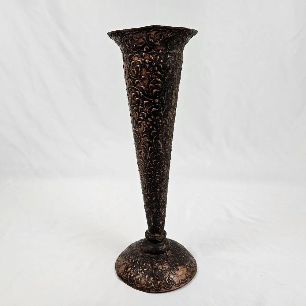 Embossed Copper Trumpet Pedestal Vase Arts & Crafts Boho Whimsical